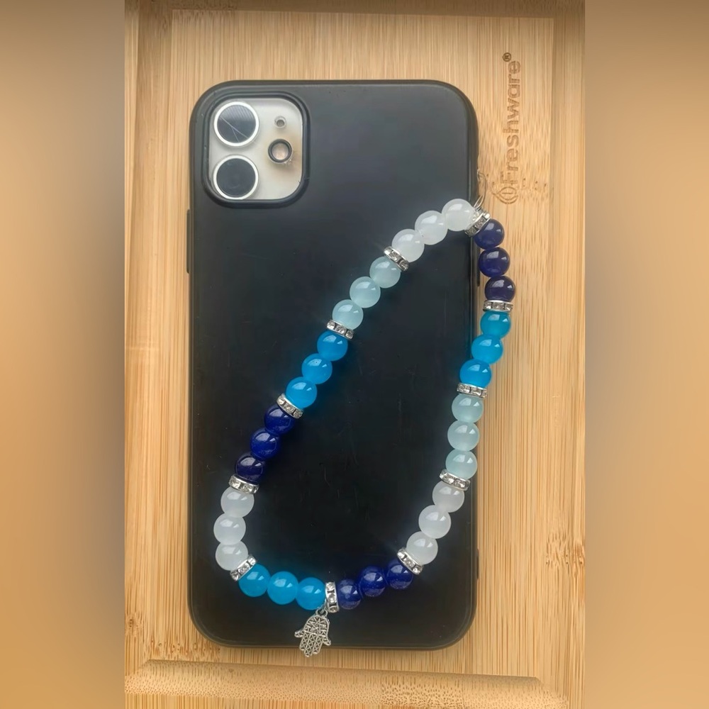 Beaded Phone Charm with Blue and White Beads